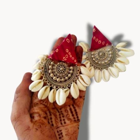 Red Printed Fabric Earrings With Shells